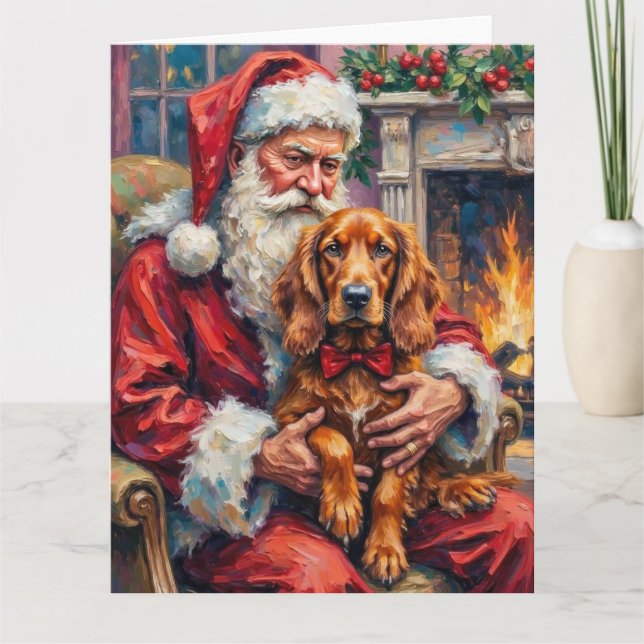 Santa Claus Holding Irish Red Setter Christmas Art Card (Front)