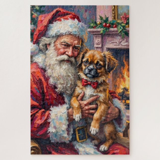 Santa Claus Holding Japanese Chin Christmas Art Jigsaw Puzzle (Vertical)