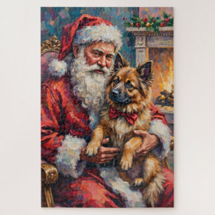 Santa Claus Holding Keeshond Christmas Art Jigsaw Puzzle