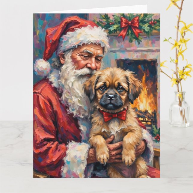 Santa Claus Holding Lhasa Apso Christmas Art Card (Yellow Flower)