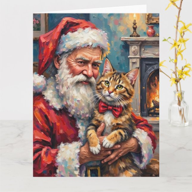 Santa Claus Holding Maine Coon Cat Christmas Art Card (Yellow Flower)