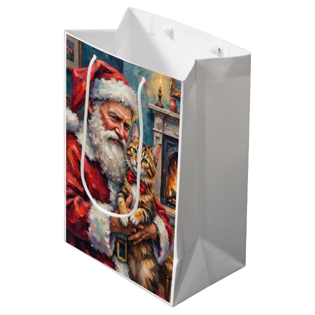 Santa Claus Holding Maine Coon Cat Christmas Art Medium Gift Bag (Front Angled)