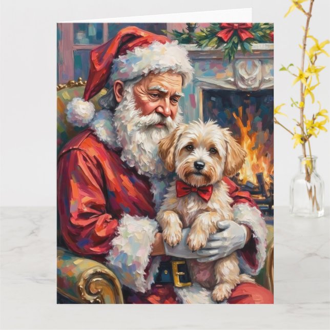 Santa Claus Holding Maltese Christmas Art Card (Yellow Flower)