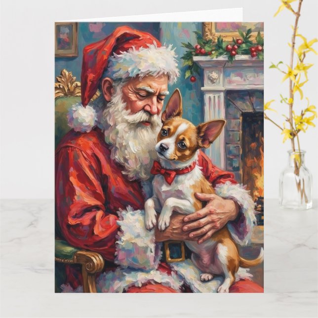 Santa Claus Holding Papillon Christmas Art Card (Yellow Flower)