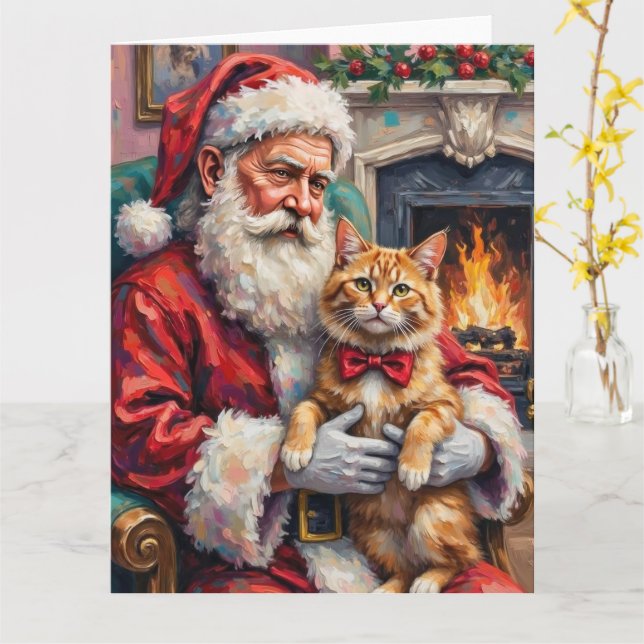 Santa Claus Holding Persian Cat Christmas Art Card (Yellow Flower)