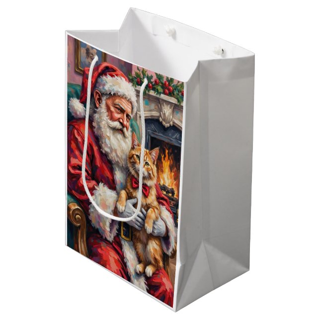Santa Claus Holding Persian Cat Christmas Art Medium Gift Bag (Front Angled)