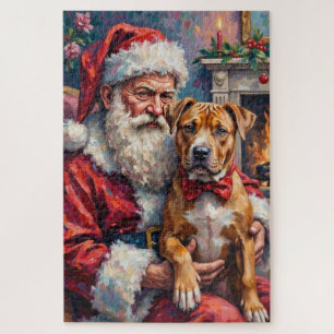Santa Claus Holding Pitbull Christmas Art Jigsaw Puzzle