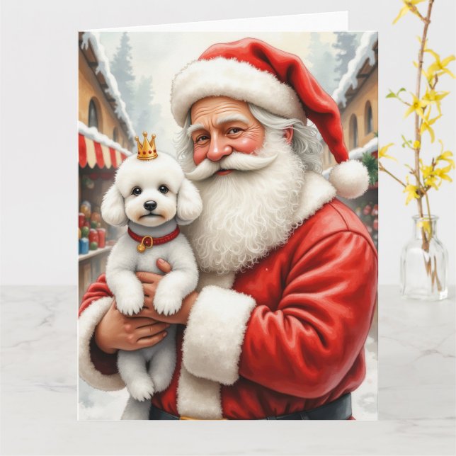 Santa Claus Holding Poodle Christmas Art Card (Yellow Flower)