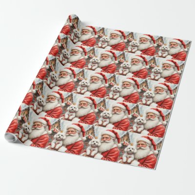 Santa Claus Holding Poodle Christmas Art Wrapping Paper