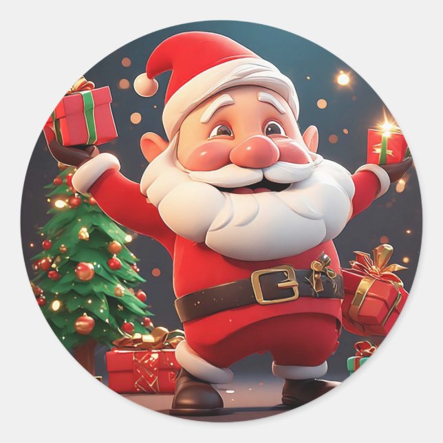 Santa Claus Holding Present Classic Round Sticker (Front)