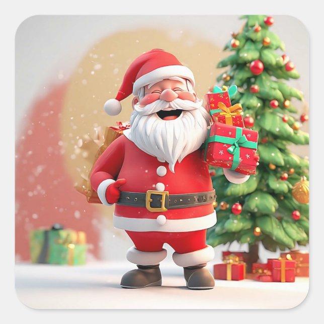 Santa Claus Holding Present Square Sticker (Front)