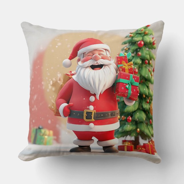Santa Claus Holding Present Throw Pillow (Front)