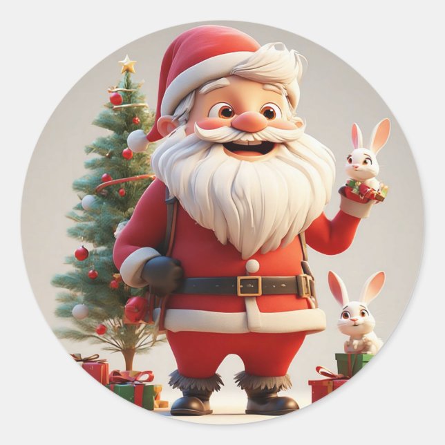 Santa Claus Holding Present with Rabbits Classic Round Sticker (Front)