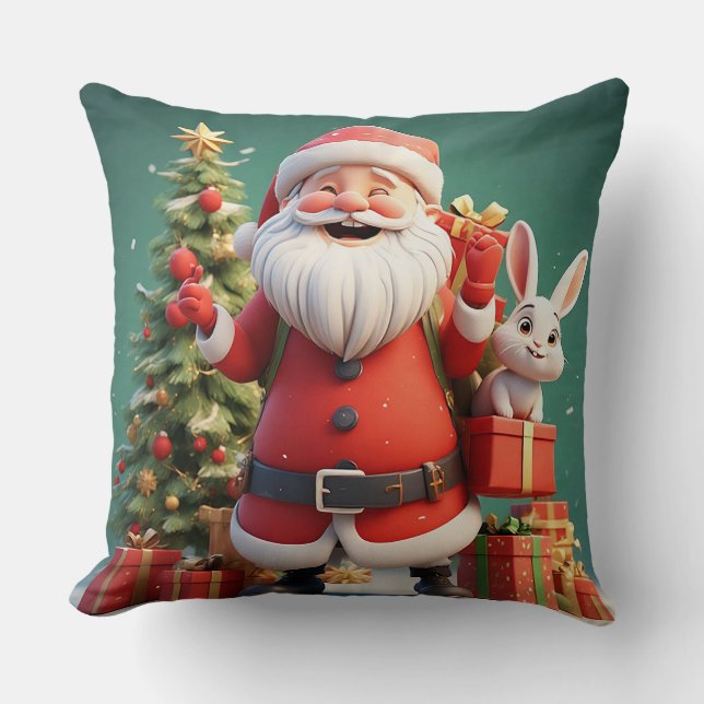 Santa Claus Holding Present with Rabbits Throw Pillow (Front)