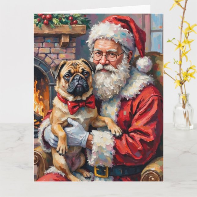 Santa Claus Holding Pug Christmas Art Card (Yellow Flower)