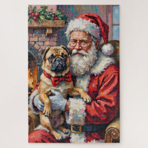 Santa Claus Holding Pug Christmas Art Jigsaw Puzzle