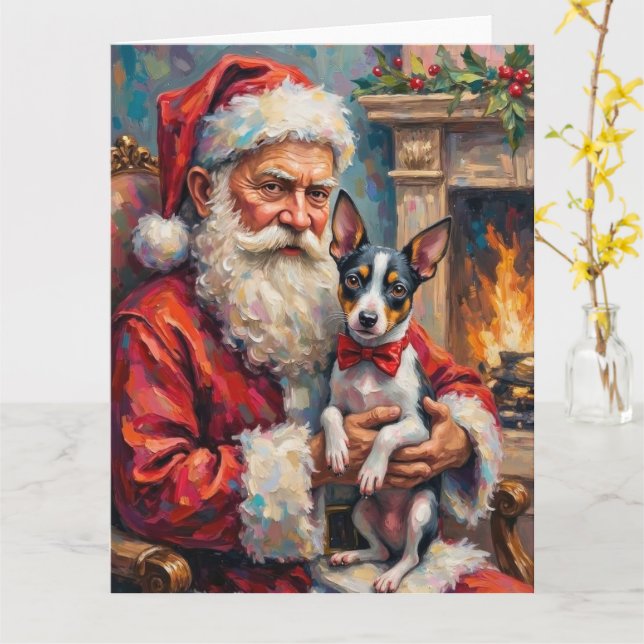 Santa Claus Holding Rat Terrier Christmas Art Card (Yellow Flower)