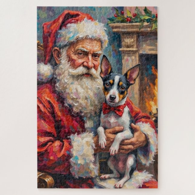 Santa Claus Holding Rat Terrier Christmas Art Jigsaw Puzzle (Vertical)