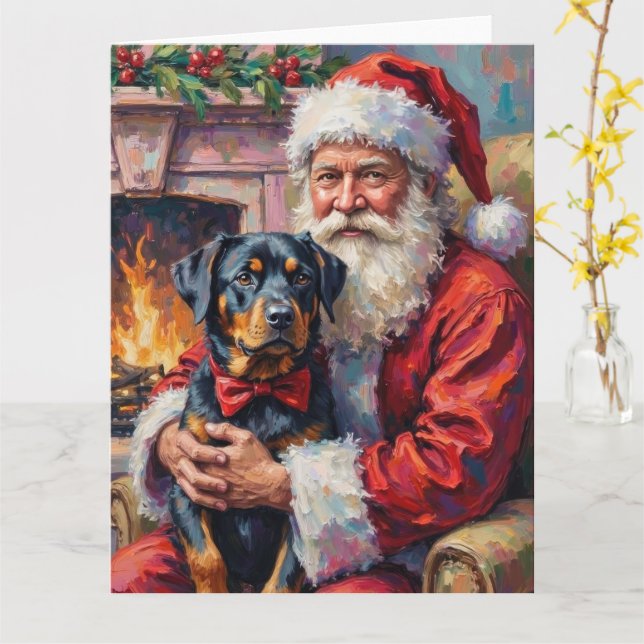 Santa Claus Holding Rottweiler Christmas Art Card (Yellow Flower)