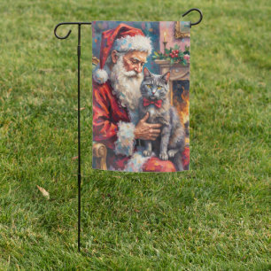 Santa Claus Holding Russian Blue Cat Christmas Art Garden Flag