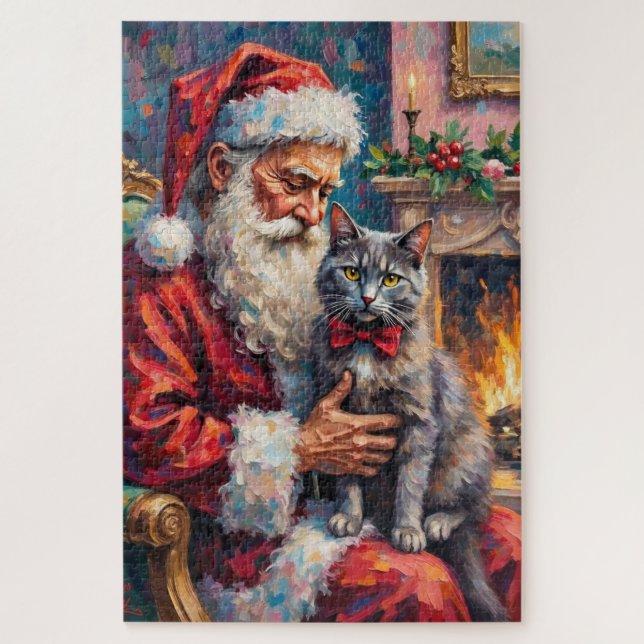 Santa Claus Holding Russian Blue Cat Christmas Art Jigsaw Puzzle (Vertical)