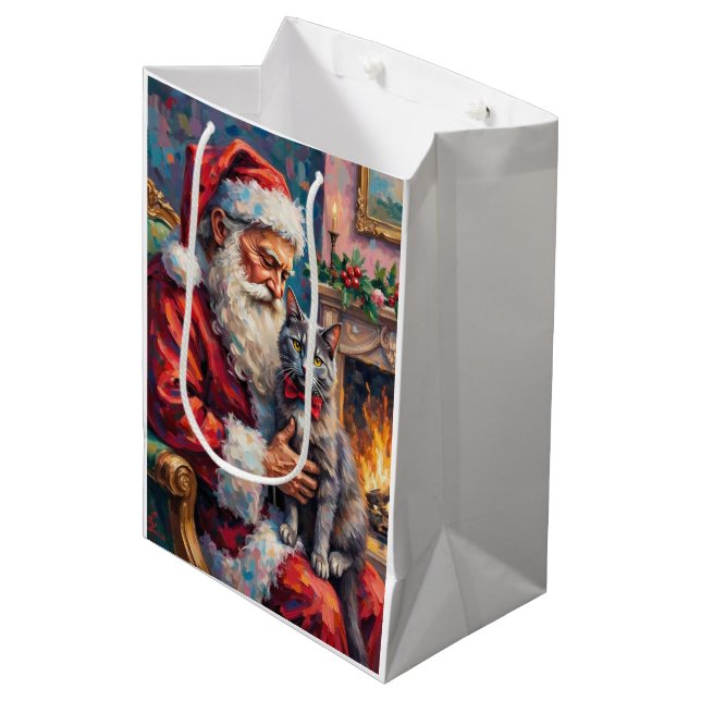 Santa Claus Holding Russian Blue Cat Christmas Art Medium Gift Bag (Front Angled)