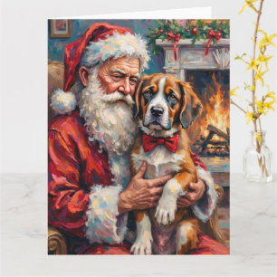Santa Claus Holding Saint Bernard Christmas Art Card