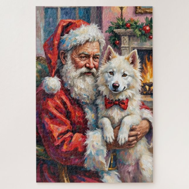 Santa Claus Holding Samoyed Christmas Art Jigsaw Puzzle (Vertical)