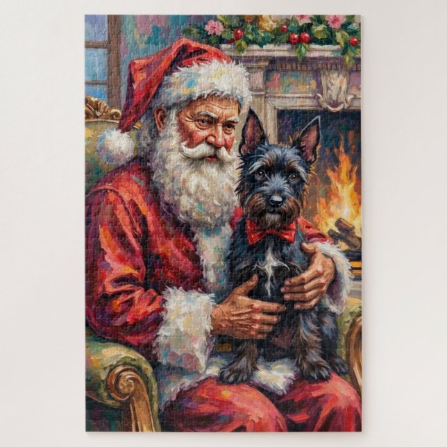 Santa Claus Holding Scottish Terrier Christmas Art Jigsaw Puzzle (Vertical)