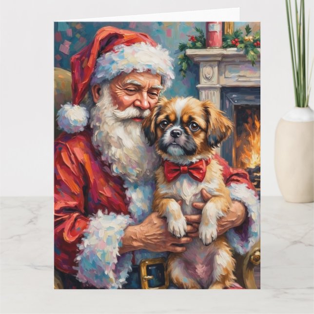Santa Claus Holding Shih Tzu Christmas Art Card (Front)