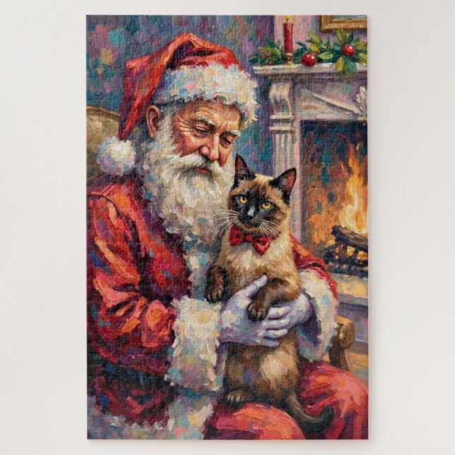 Santa Claus Holding Siamese Cat Christmas Art Jigsaw Puzzle (Vertical)