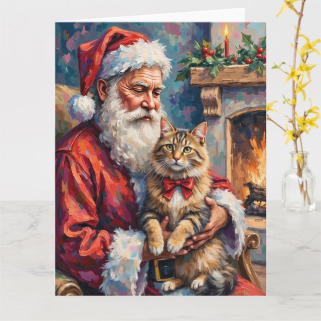 Santa Claus Holding Siberian Cat Christmas Art Card (Yellow Flower)
