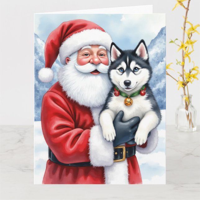 Santa Claus Holding Siberian Husky Christmas Art Card (Yellow Flower)