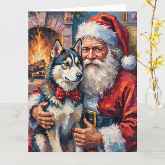 Santa Claus Holding Siberian Husky Christmas Art Card (Yellow Flower)