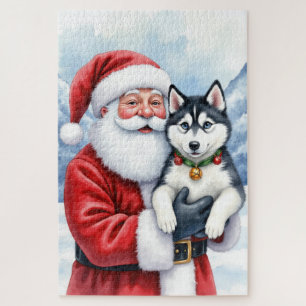 Santa Claus Holding Siberian Husky Christmas Art Jigsaw Puzzle
