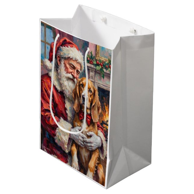 Santa Claus Holding Silken Windhound Christmas Art Medium Gift Bag (Front Angled)