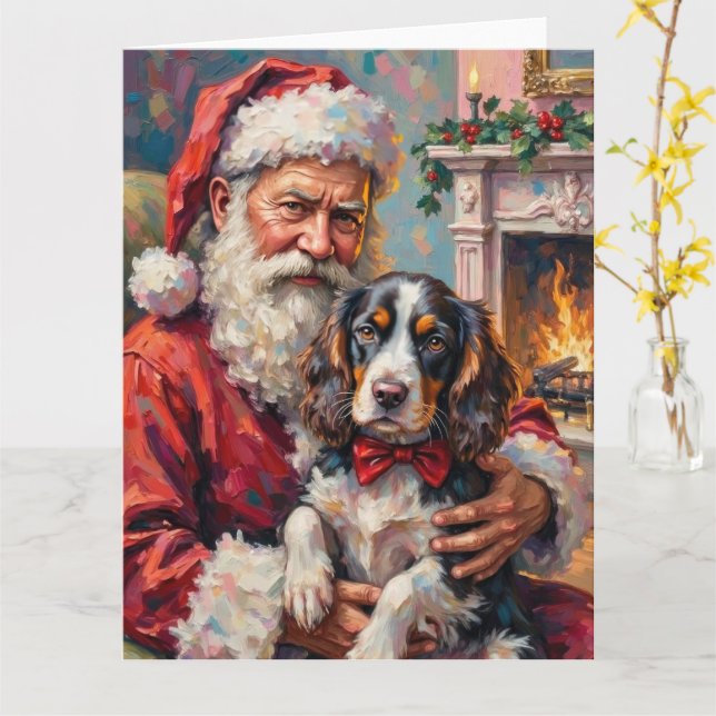 Santa Claus Holding Springer Spaniel Christmas Art Card (Yellow Flower)