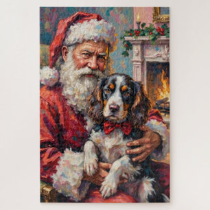Santa Claus Holding Springer Spaniel Christmas Art Jigsaw Puzzle