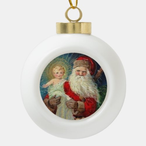 Santa Claus holding the Baby Jesus Ceramic Ball Christmas Ornament