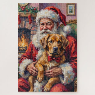 Santa Claus Holding Tibetan Mastiff Christmas Art Jigsaw Puzzle