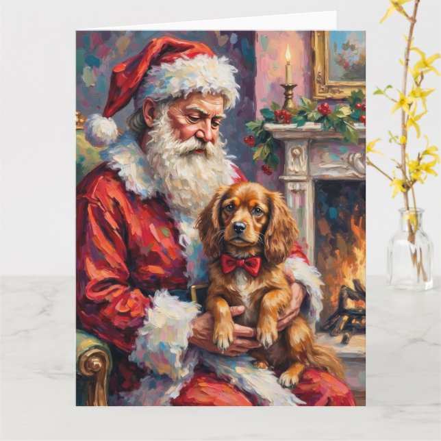 Santa Claus Holding Tibetan Spaniel Christmas Art Card (Yellow Flower)