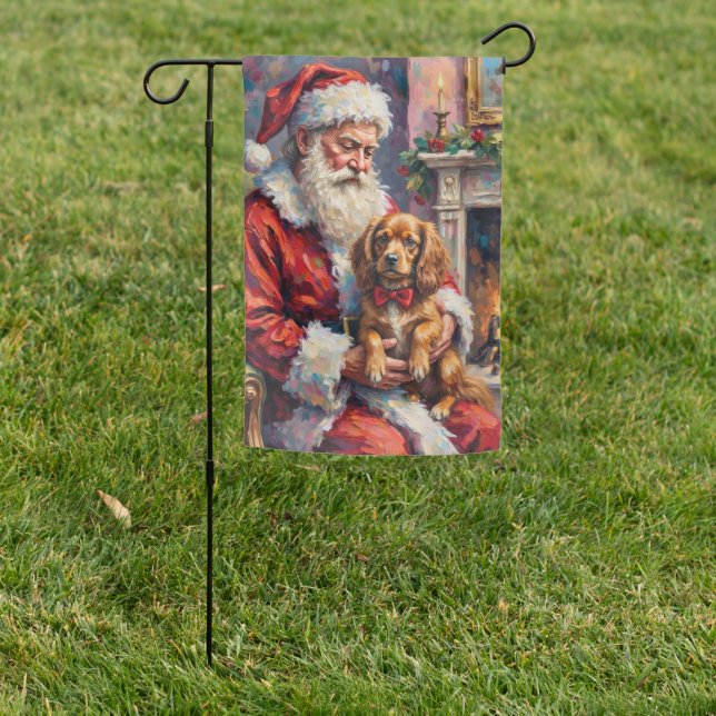 Santa Claus Holding Tibetan Spaniel Christmas Art Garden Flag (In SItu)