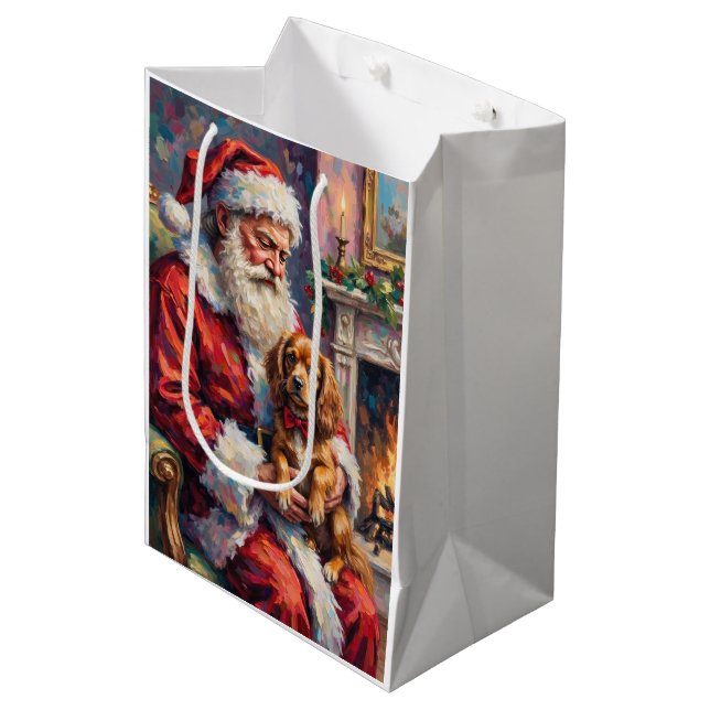 Santa Claus Holding Tibetan Spaniel Christmas Art Medium Gift Bag (Front Angled)