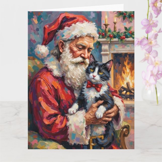 Santa Claus Holding Tuxedo Cat Christmas Art Card (Orchid)