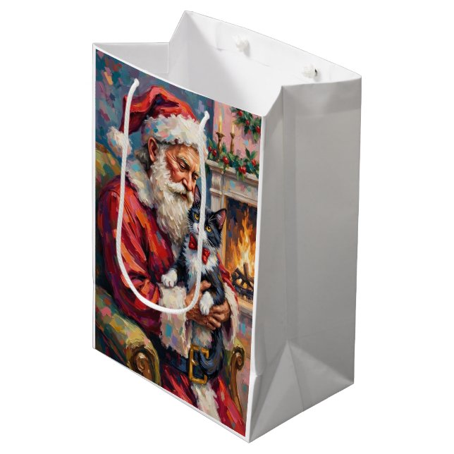 Santa Claus Holding Tuxedo Cat Christmas Art Medium Gift Bag (Front Angled)