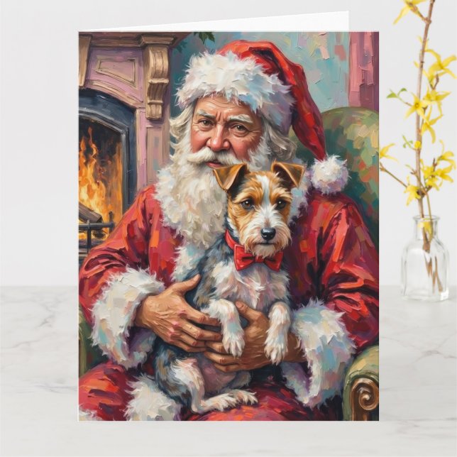 Santa Claus Holding Wirefox Terrier Christmas Art Card (Yellow Flower)