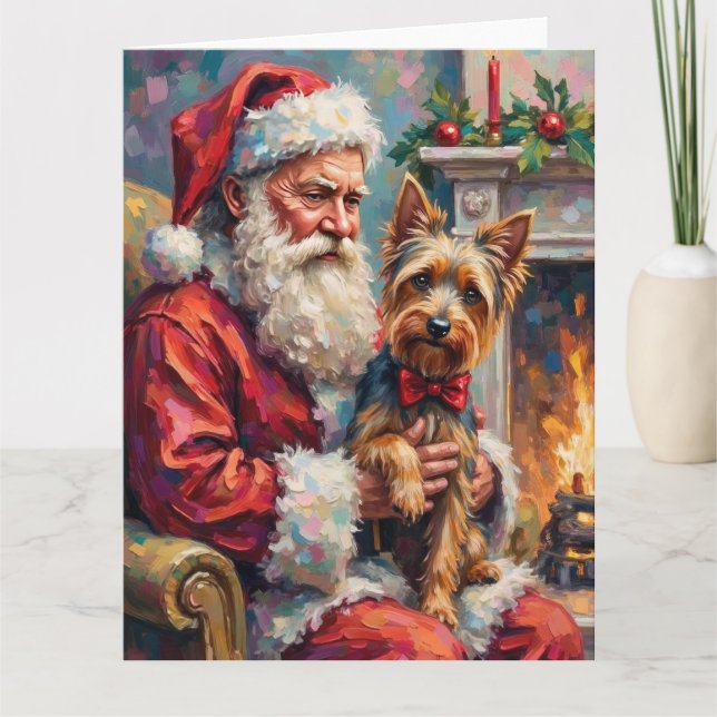 Santa Claus Holding Yorkshire Terrier Christmas  Card (Front)