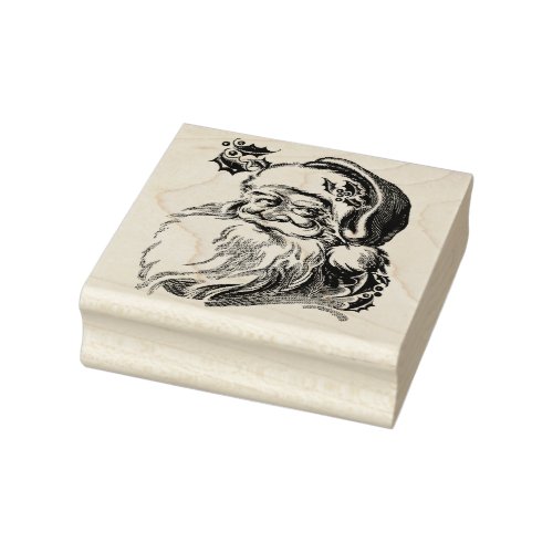 Santa Claus Holly Christmas Large Square Rubber Stamp