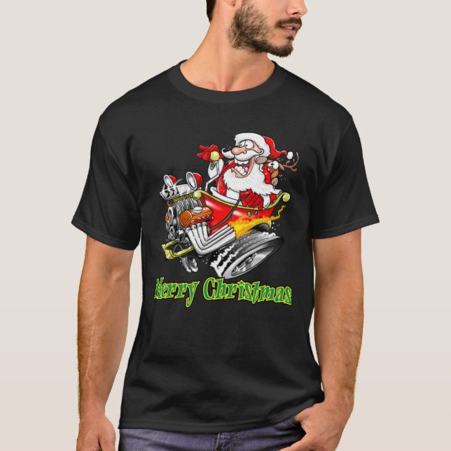 Santa Claus Hot Rod Sleigh Merry Christmas Classic T-Shirt (Front)