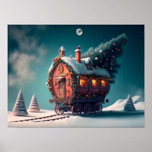 Santa Claus house tree train with Christmas tree  Poster